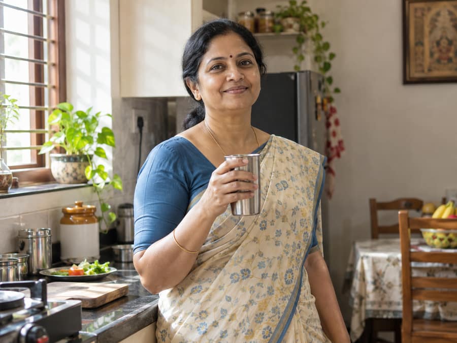 South Indian woman feeling energized in her home kitchen