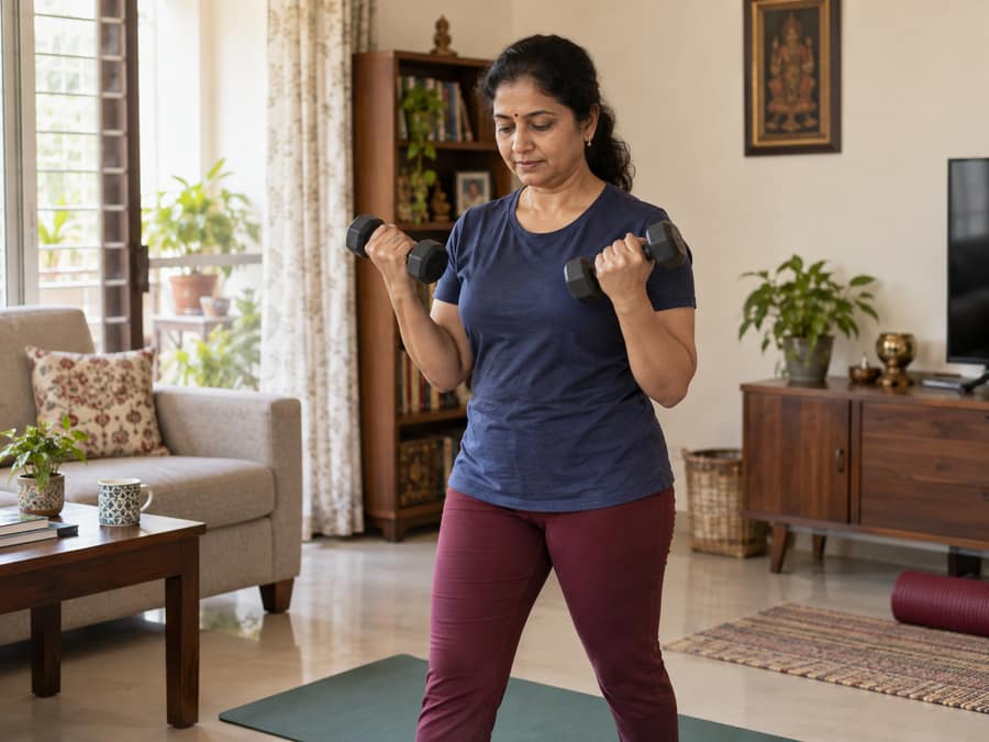 South Indian woman doing simple strength training at home