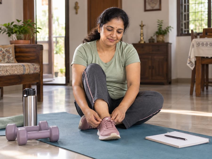 South Indian woman preparing for a simple strength routine at home